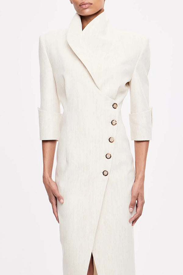 Elegant Look Linen Blend Stand Lapel Neck Half Sleeve Side Button Mid   prettylilygal
