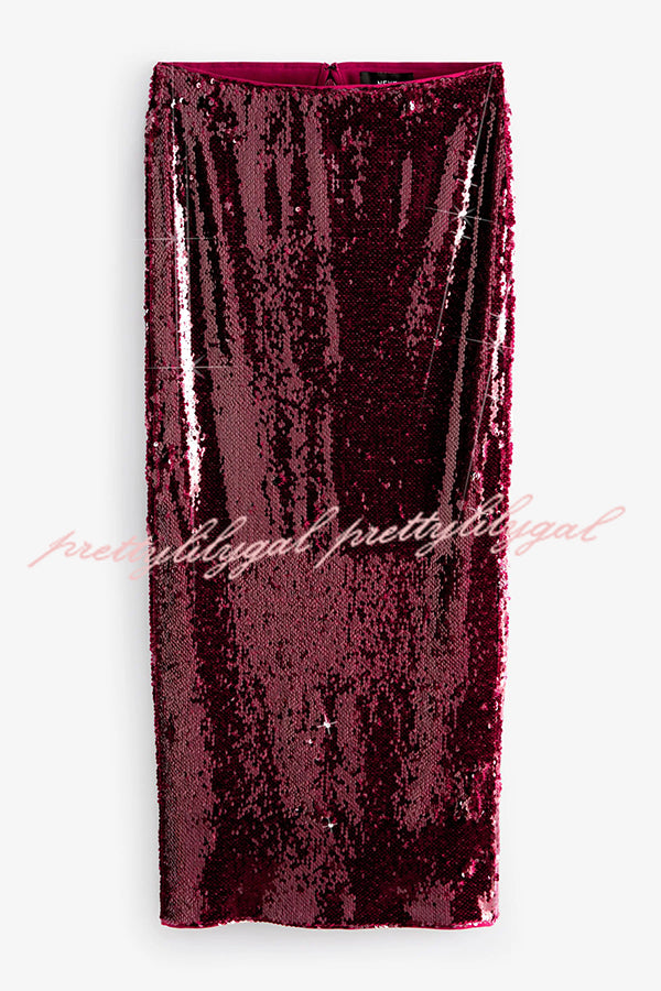 Feeling Festive Texture Sequin Elastic Waist Slit Maxi Skirt