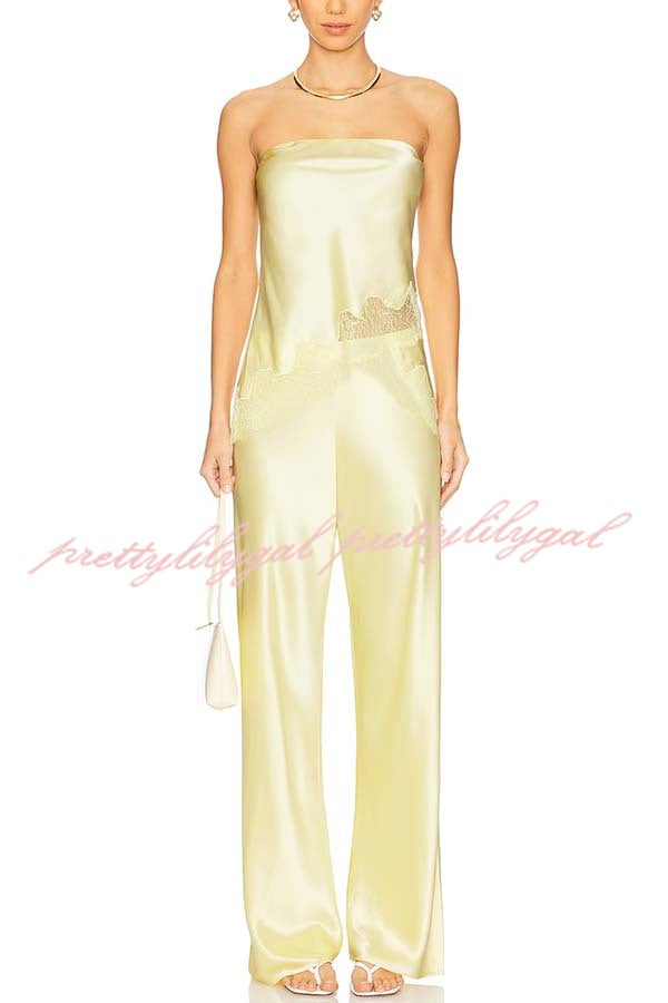 Odessa Satin Floral Lace Hem Strapless Tank and Mid Rise Wide Leg Pants Set