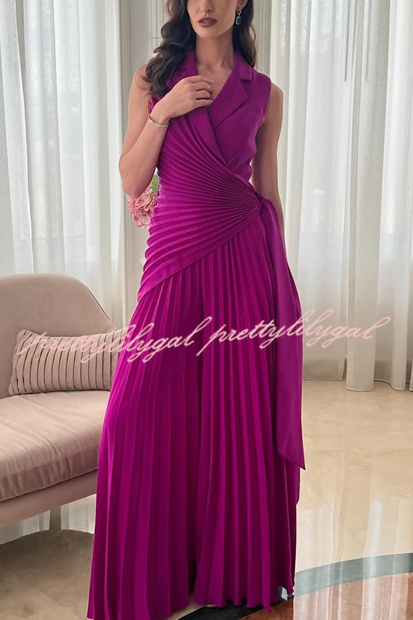 Solid Color Lapel Sleeveless Waist Tie Pleated Wide-leg Jumpsuit