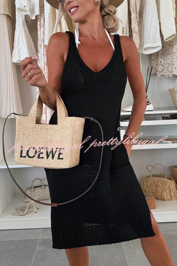 Solid Color V-Neck Sleeveless Casual Pocket Knitted Midi Dress