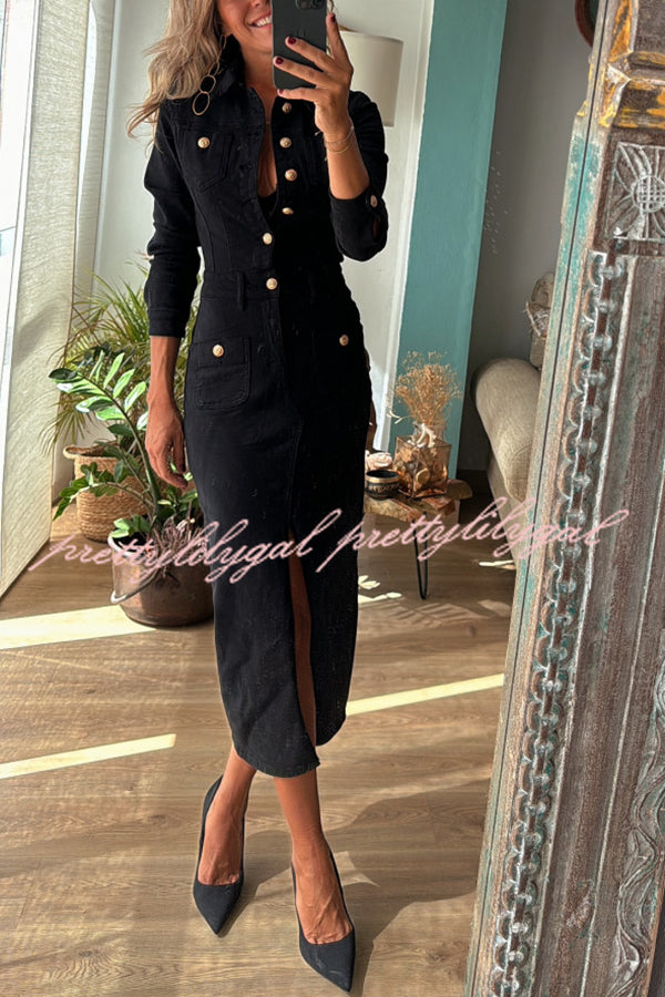 Tessy Denim Metal Button Zipper Shirt Stretch Pencil Slit Midi Dress