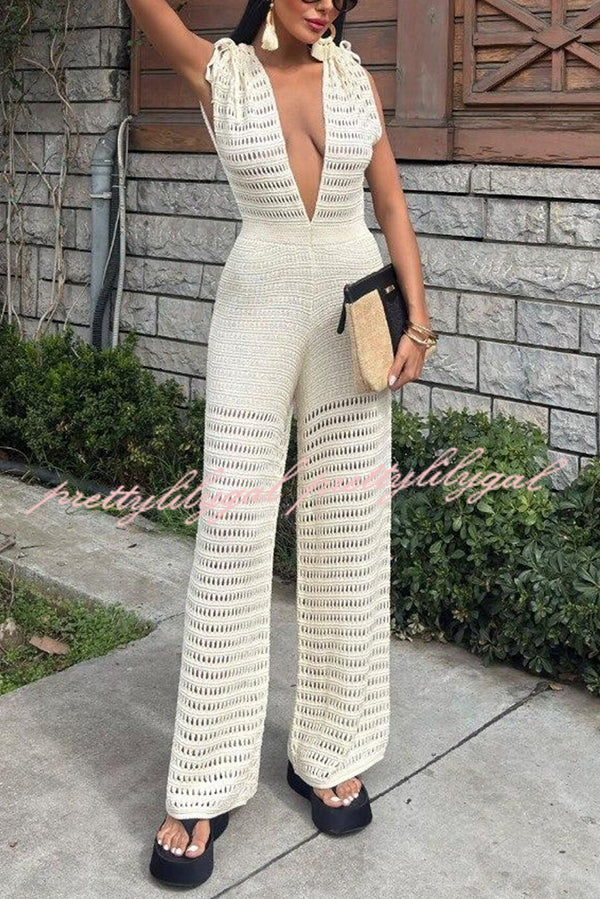 Solid Color Knitted V-neck Holiday Hollow Casual Jumpsuit