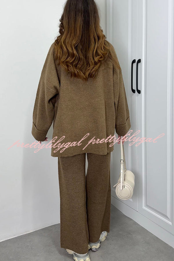 Solid Color Loose Long-sleeved Knit Top and Elastic Waist Casual Straight Leg Pants Set