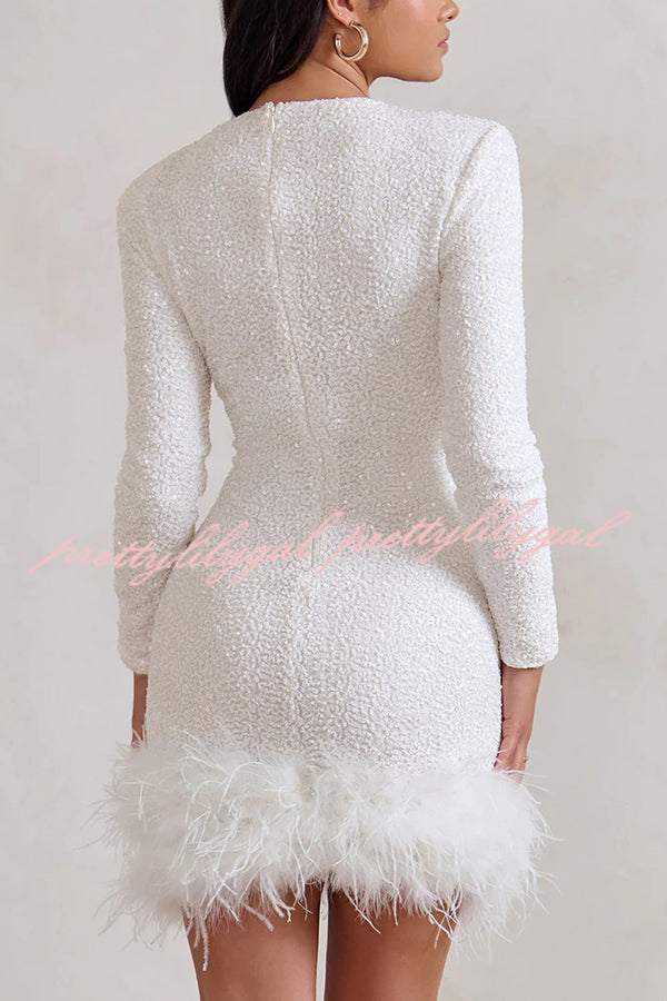 Party Must-have Sequin Long Sleeve Feather Trim Stretch Mini Dress –  prettylilygal