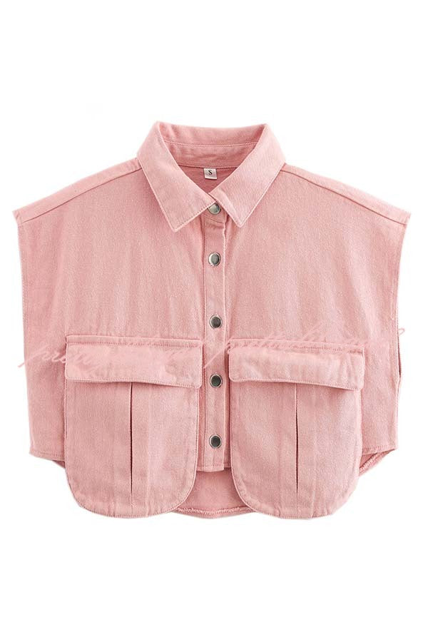 Stylish Weekend Denim Button Up Cape Sleeve Pocket Crop Top