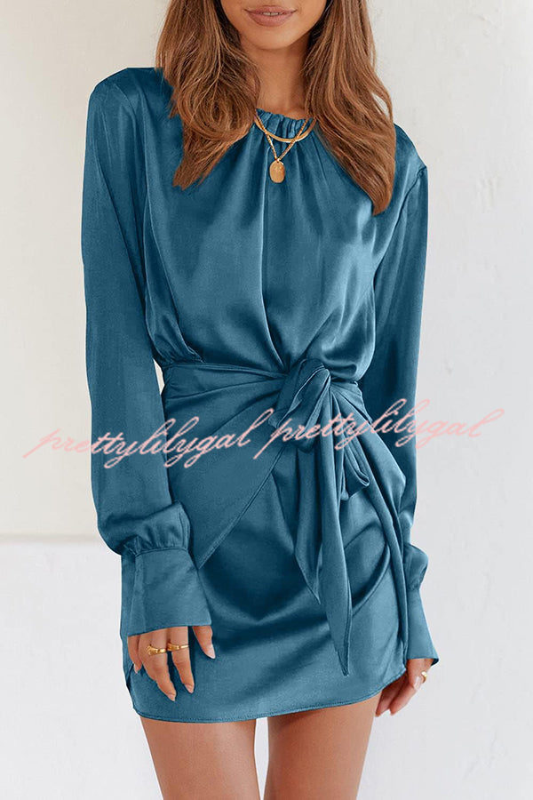 Satin Round Neck Long Sleeve Elastic Tie Mini Dress