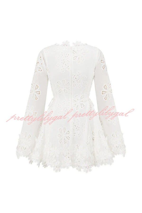 Diaz Embroidery Hollow Fabric Delicate Flower Trim Long Sleeve Side Lace-up Mini Dress