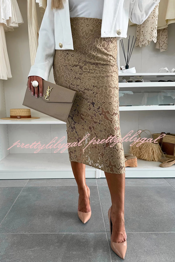 Lesia Floral Lace High Rise Slit Stretch Midi Skirt
