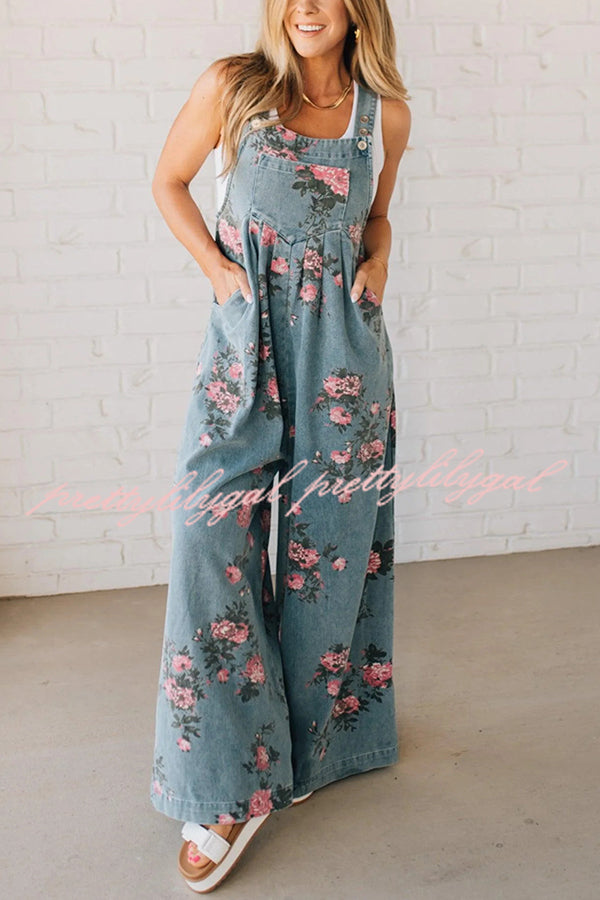 Fashion Floral Print Casual Button Pocket Loose Denim Overalls