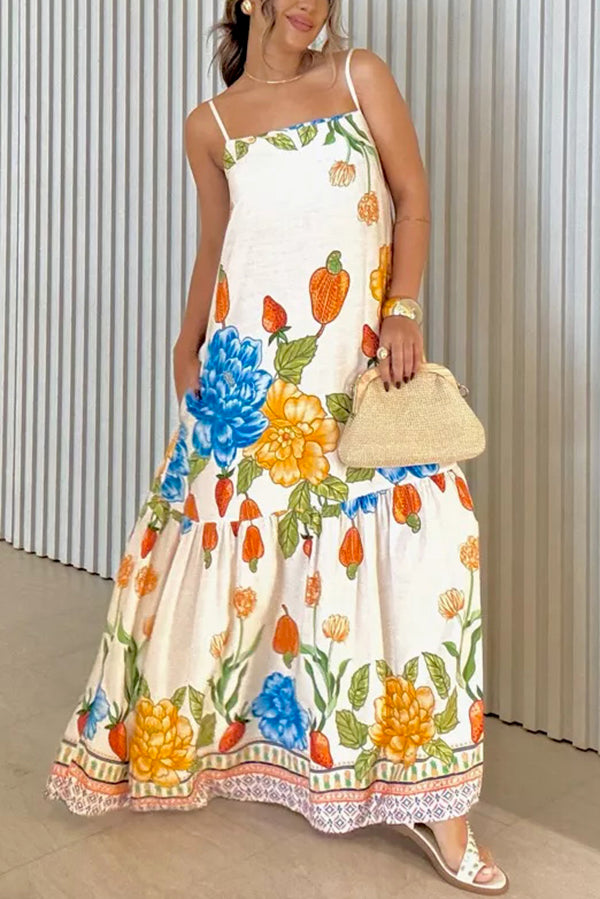Floral Print Halter Back Loose Pocket Full Hem Maxi Dress