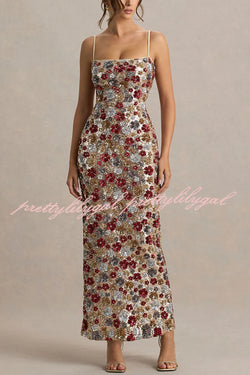 The Center of Attention Floral Print Sequin Square Neck Slip Stretch Maxi Dress