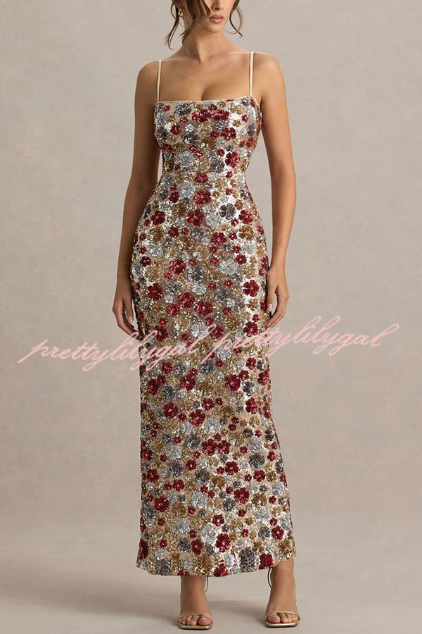 The Center of Attention Floral Print Sequin Square Neck Slip Stretch Maxi Dress