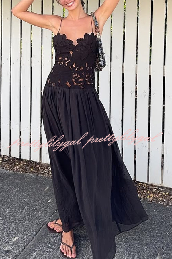 Stephanie Flower Crochet Lace Bust Chiffon Fluffy Hem Maxi Dress