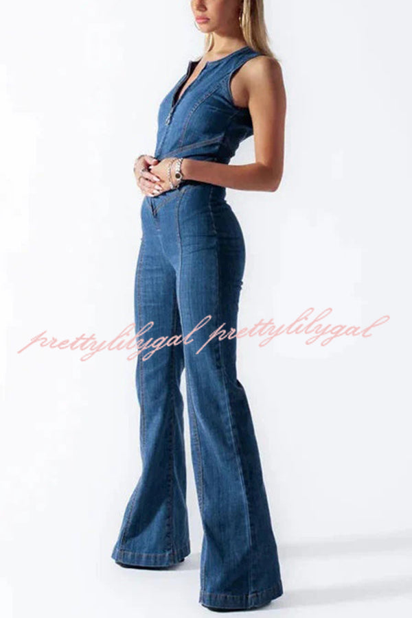Fashionable Heart Hollow Back Slim High Waist Flared Denim Jumpsuit