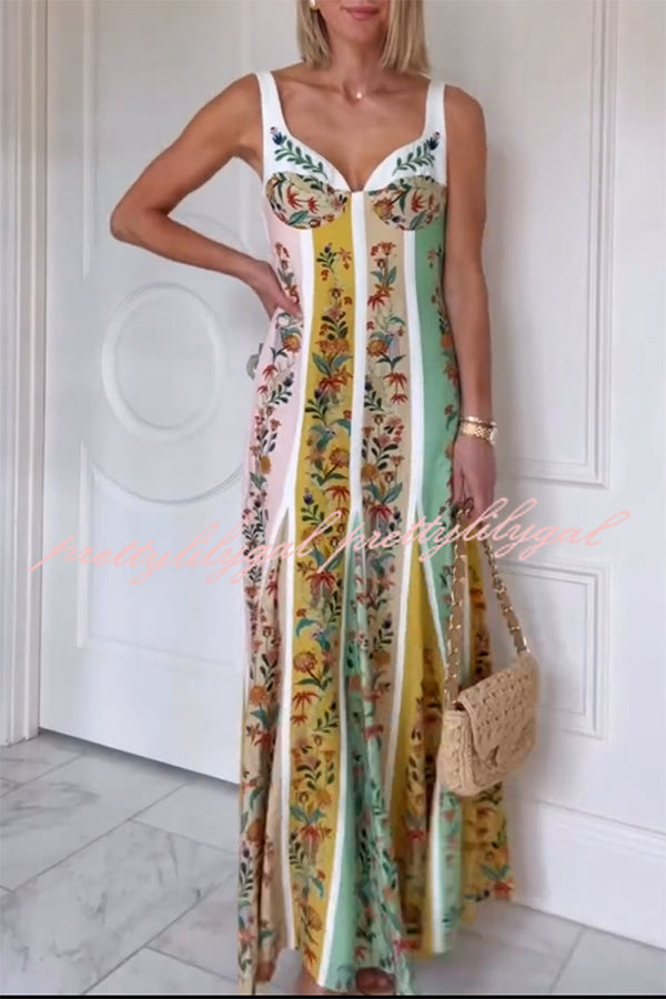 Sweet Garden Linen Blend Color Block Floral Paneled Maxi Dress