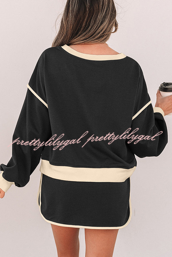 Fashion Round Neck Long Sleeve Spliced Casual Top and Elastic Waist Loose Shorts Set
