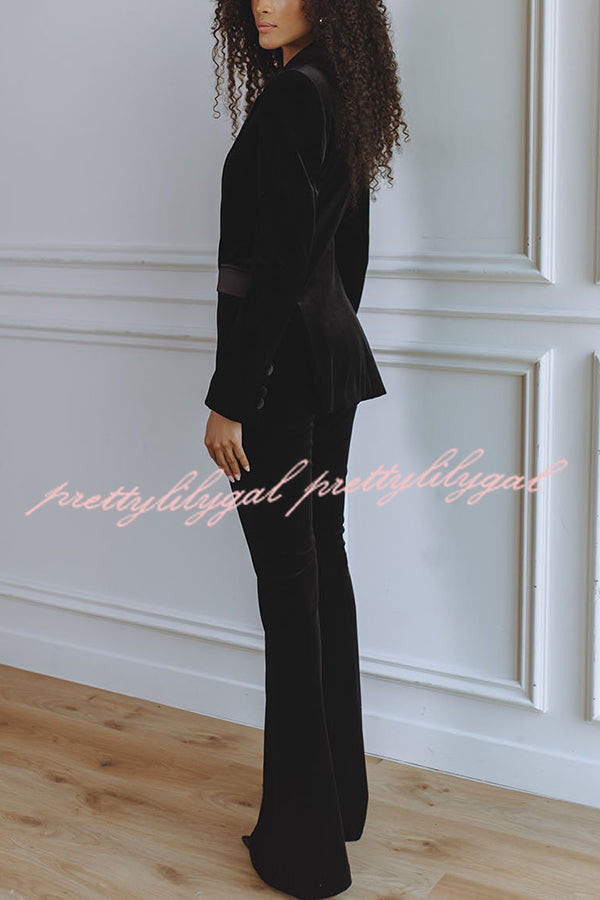 Delicate Daze Velvet Satin Lapel Button Up Long Sleeve Tapered Waist Blazer