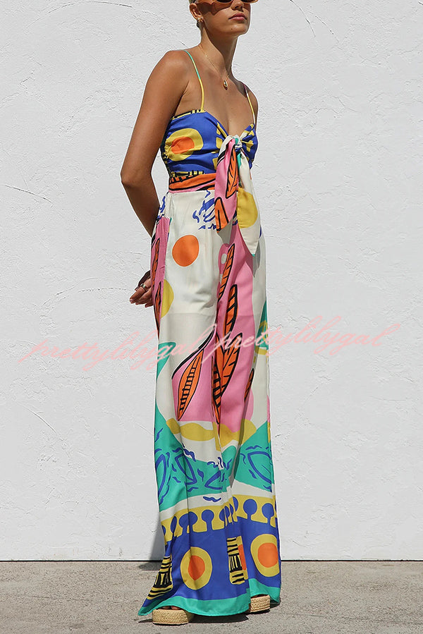 Unique Printed Back Pleated Suspenders Loose Pocket Wide-leg Jumpsuit