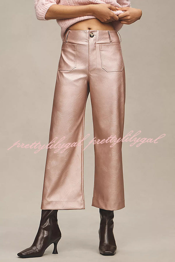 Colette Metallic Faux Leather Pocket Cropped Wide Leg Stretch Pants