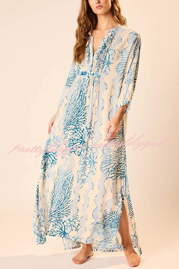 Quiet Sea Unique Print Pleated Neck Long Sleeve Slit Kaftan Maxi Dress