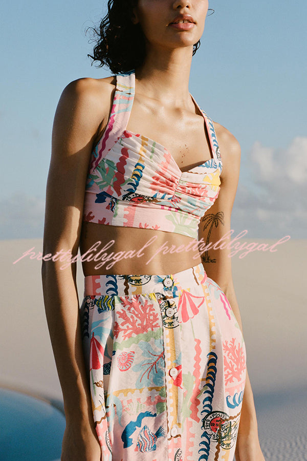 Multicolor Printed Sexy V Neck Halter Top and Midi Button-down Skirt Set