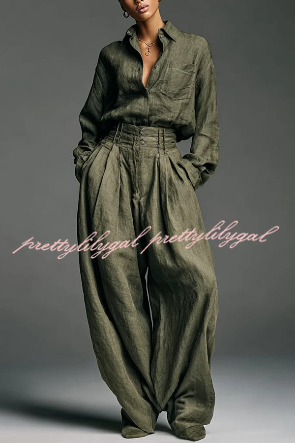 Linen Blend Lapel Long-sleeved Casual Shirt and High-waist Pocket Loose Wide-leg Pants Set