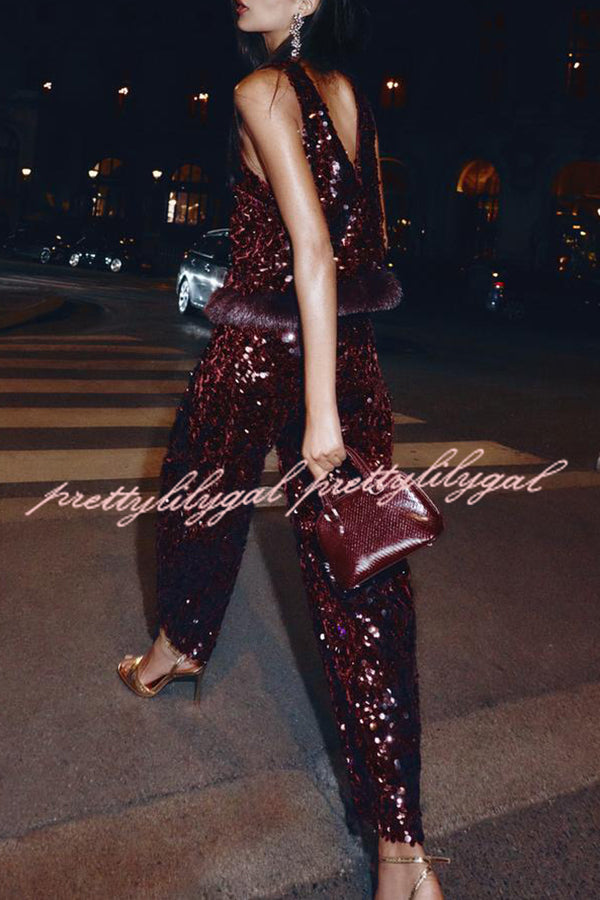 Gala Goddess Sequin Faux Fur Trim Crew Neck Sleeveless Loose Top