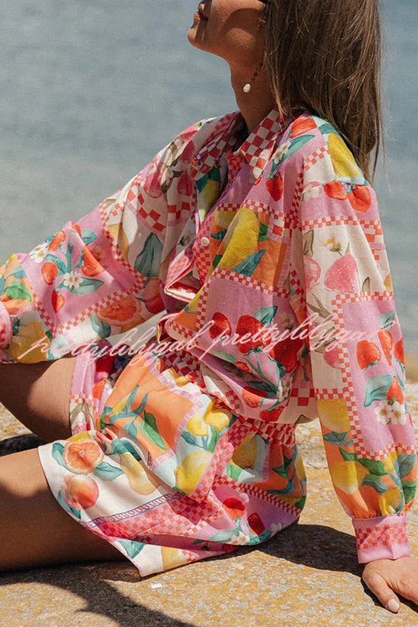 Leisurely Outings Summer Fruit Print Loose Long Sleeve Shirt and Elastic Waist Pocket Shorts Set