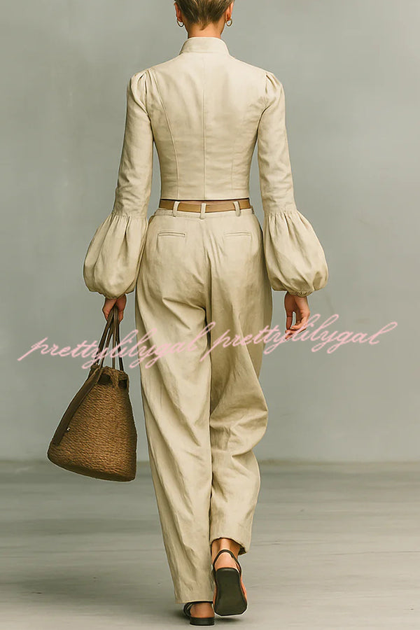 Linen-blend Long-sleeved Button-down Top and Relaxed-pocket Wide-leg Pants Set