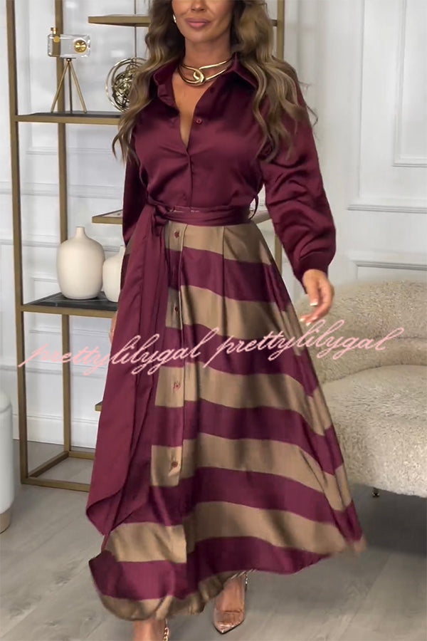 Lindsey Satin Colorblock Contrast Long Sleeve Belted Shirt Maxi Dress