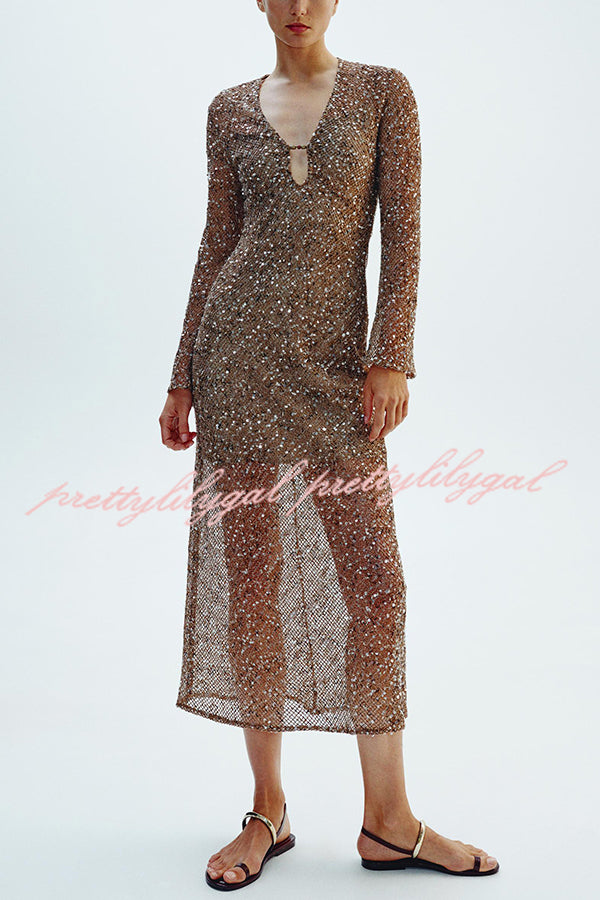Fashion Sequined Hollow V-neck Long-sleeved Holiday Midi Dress