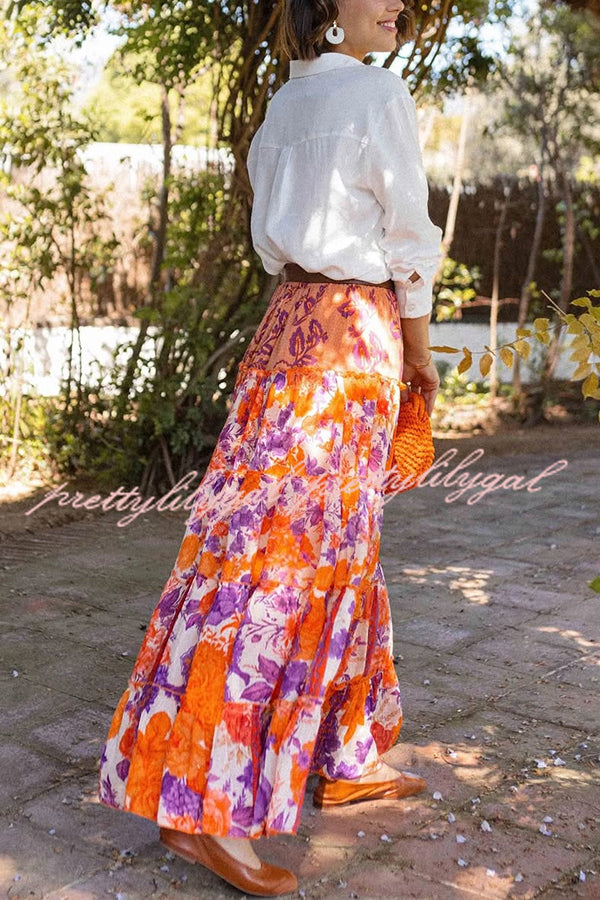 Resort Style Floral Print Elastic Waist Loose Stitching Maxi Skirt