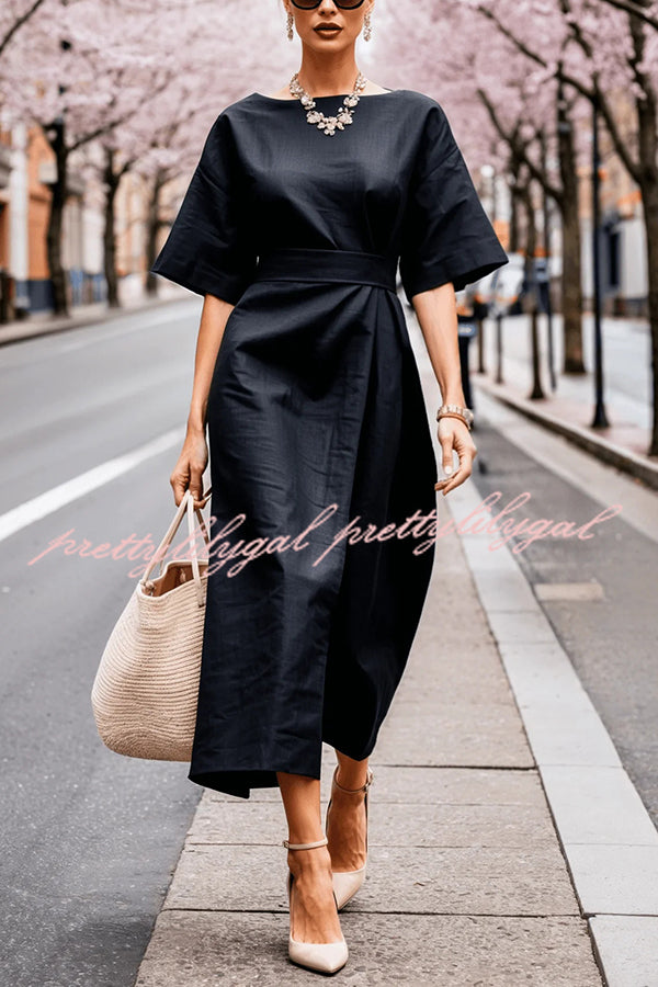 Solid Color Round Neck Half Sleeve Casual Waist Midi Dress