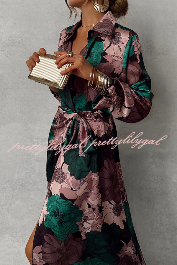 Floral Print Lapel Waisted Lace-up Long-sleeve Maxi Dress