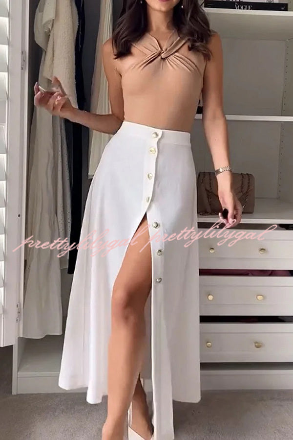 Stylish Sleeveless Stretch Fit Top and Relaxed Buttoned Slit Maxi Skirt Set