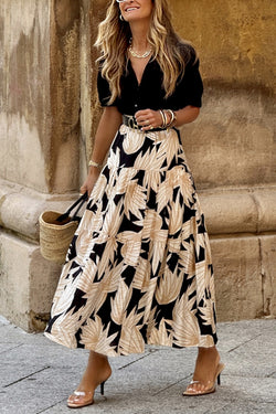 Resort Style Botanical Print Elastic Waist Loose Stitching Midi Skirt