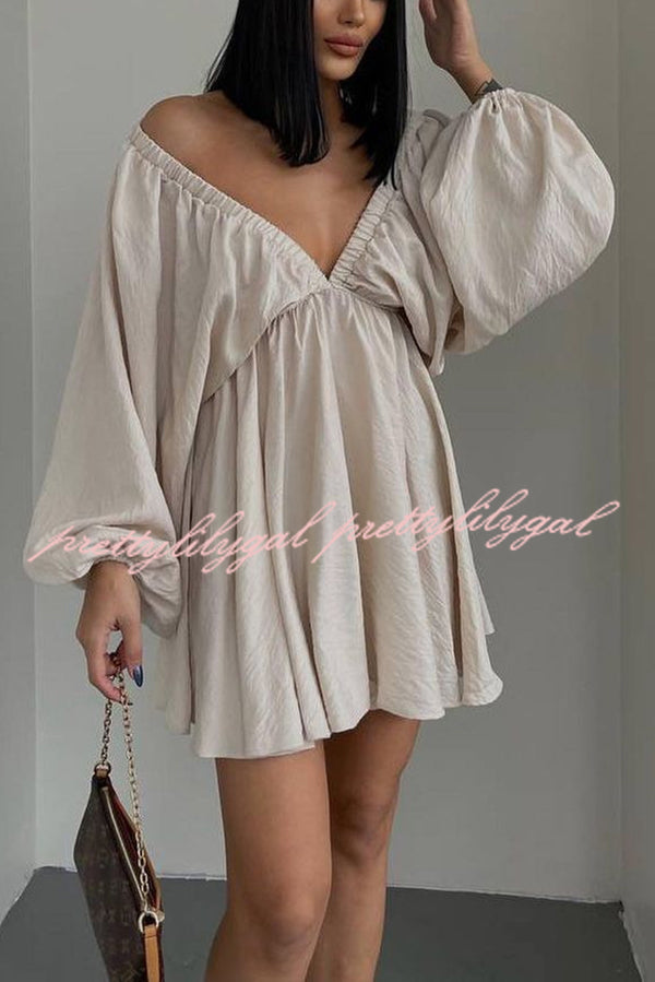 V Neck Puff Sleeve Solid Color Resort Style Mini Dress