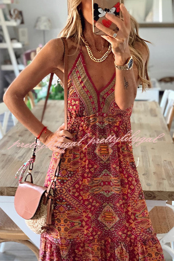 Celeste Boho Printed Strap Elastic Waist Maxi Dresses