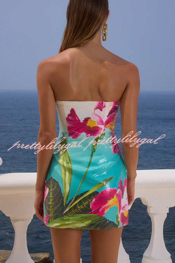 Beach Club Sequin Unique Print Strapless Stretch Mini Dress