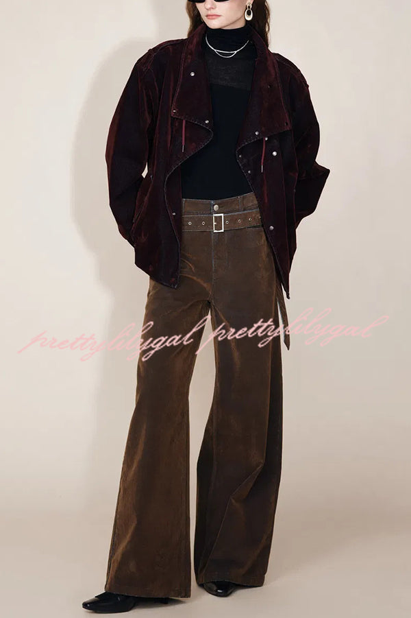 Taylor Denim Mid Rise Detachable Belt Flocked Pocket Wide Leg Jeans