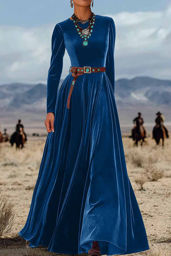 Solid Color Velvet Long Sleeve High Waist Elegant Maxi Dress