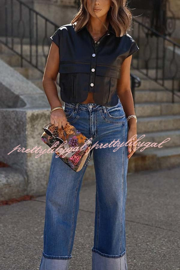 Stylish Weekend Faux Leather Button Up Cape Sleeve Pocket Crop Top