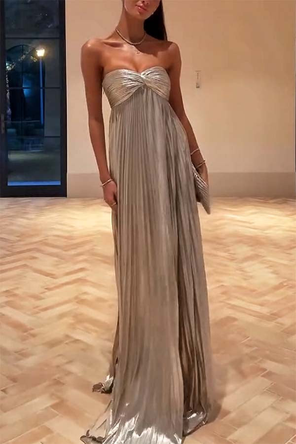Night Elf Metallic Fabric Pleated Off Shoulder Twist Bust Slit Maxi Dress