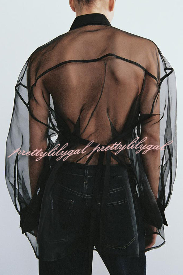 Party Partner Organza Patchwork Back Tie-up Semi-sheer Loose Blouse