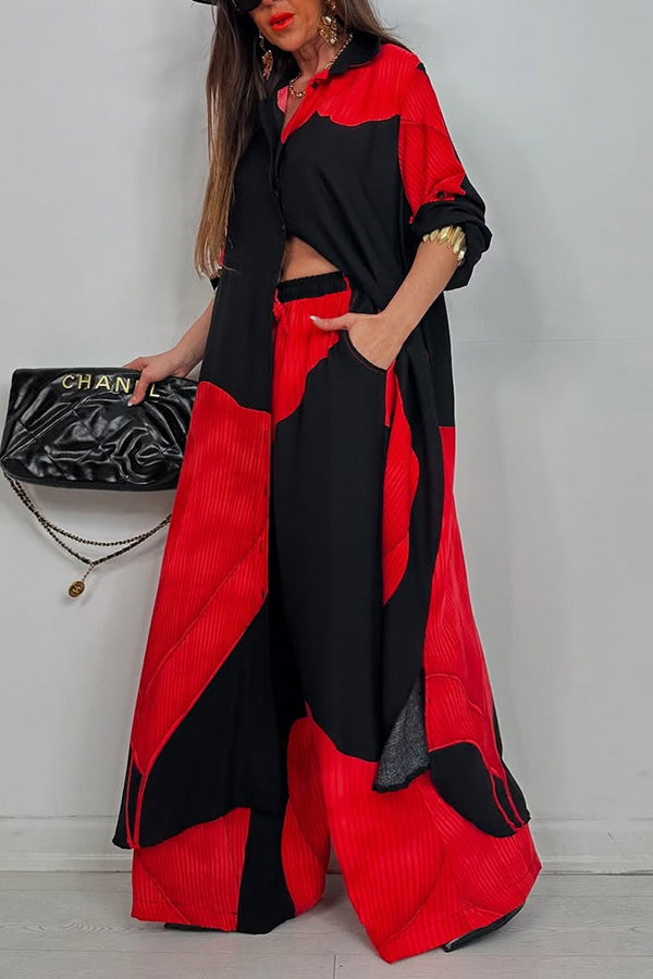 Unique Printed Casual Loose Long Shirt and Elastic Waist Pocket Wide Leg Pants Set