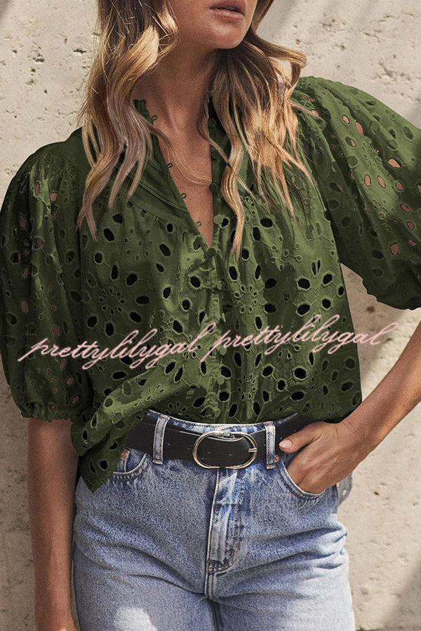 Hollow Embroidered Lace V-neck Buttoned Lantern Sleeve Blouse