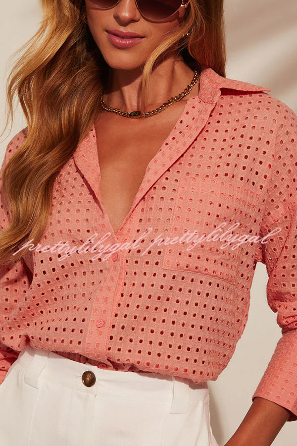 Fashionable Hollow Loose Button Pocket Shirt Top