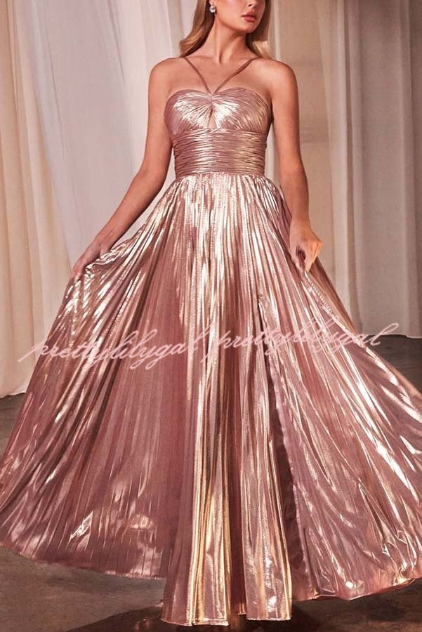 Make A Toast Metallic Fabric Cross Neck Cutout Slit Pleated Maxi Dress