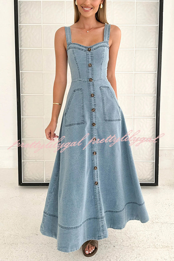 Solid Color Suspender Pocket Button Slim Denim Midi Dress